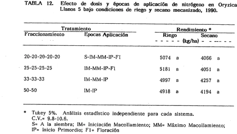 TABLA 12. Efecto de dosis y épocas de aplicación de nitrógeno en Oryzica Llanos 5 bajo condiciones de riego y secano mecanizado, 1990.