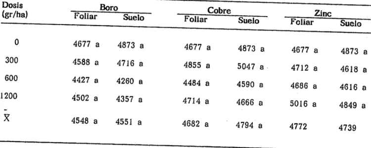 TABLA 13. Efecto de dosis y métodos de aplicación de elementos menores en Oryzica Llanos 5 bajo riego, 1990