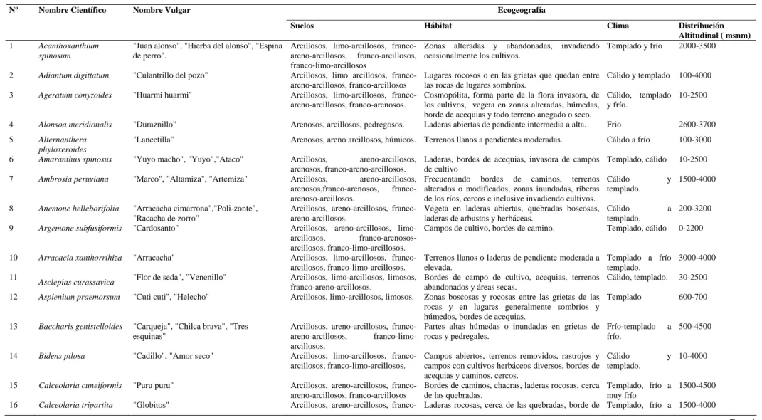 Tabla Nº 04. Relación de hierbas medicinales nativas del departamento de Amazonas según datos ecogeográficos