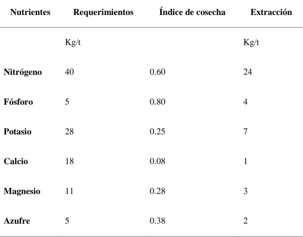 TABLA 1: REQUERIMIENTOS Y EXTRACCIÓN EN GRANO DE NUTRIENTES 