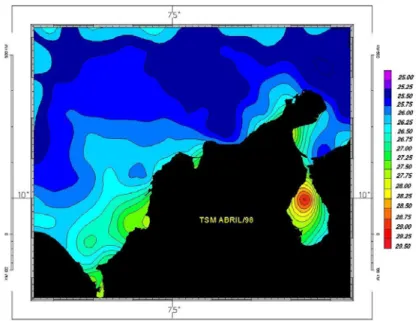 Figura 4. Temperatura superficial del mar (TSM) a partir de imágenes satelitales NOAA/98; Época seca  (Diciembre- marzo).Se observa el afloramiento característico del sector nororiental del Caribe colombiano 