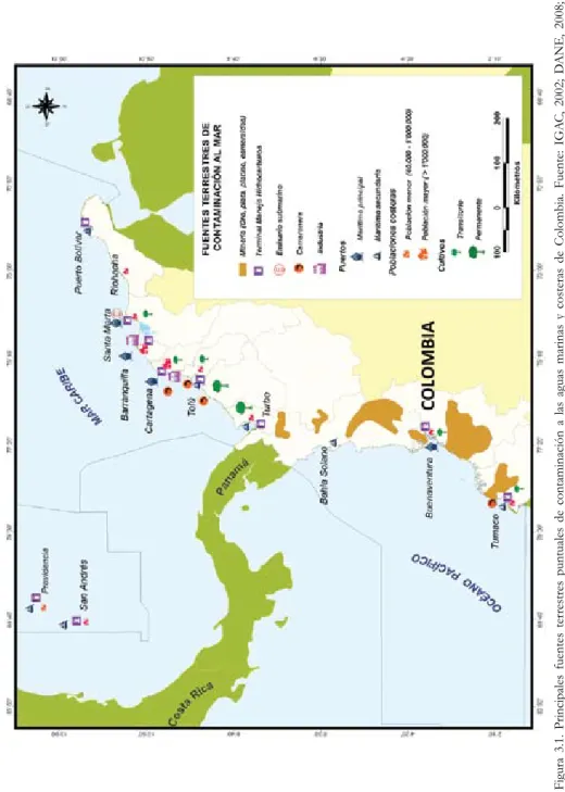 Figura 3.1. Principales fuentes terrestres puntuales de contaminación a las aguas marinas y costeras de Colombia