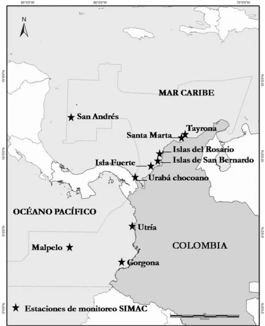 Figura  4-1  Estaciones  de  monitoreo  de  arrecifes  coralinos  del  SIMAC  en  áreas  coralinas  del  Caribe  y  Pacífico  colombiano.