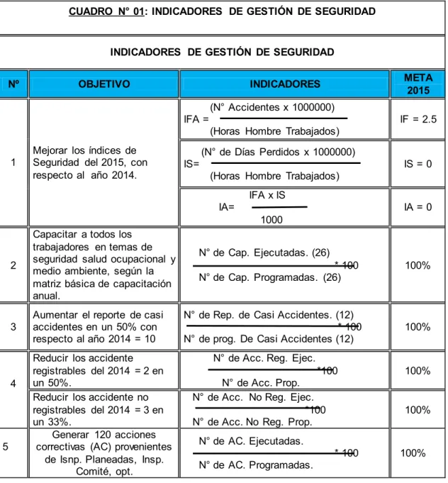 CUADRO  N° 01: INDICADORES  DE GESTIÓN  DE SEGURIDAD 