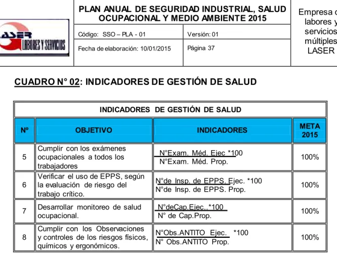 CUADRO N° 02: INDICADORES DE GESTIÓN DE SALUD 