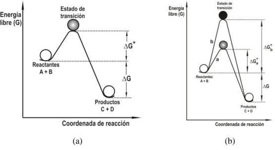 Figura  1.7. Representación esquemática del:  (a) perfil de energía para la reacción de A + B  en C + D, vía el estado de Transición; y (b) cambio de energía libre,   G,  [27]