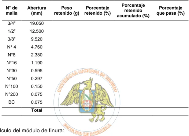 Tabla 9: Datos de granulometría de los agregados. 