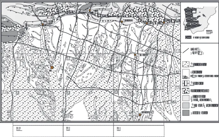 Fig. 3.1.- Situación de los perfiles sísmicos con referencia a las Hojas estudiadas y a los bordes Septentrional  (C