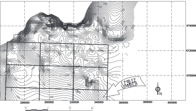 Fig. 3.2.- Mapa de Isobatas (datum 900 m. s. m.) del techo del basamento paleozoico. Sector NO