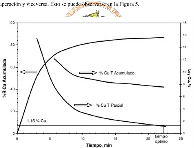 Figura 5: Interacción de la variable tiempo vs la  recuperación y ley de concentrado óptimo