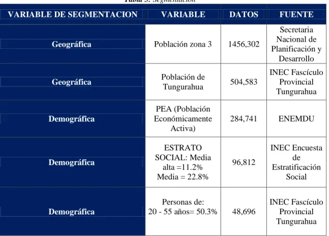 Tabla 5: Segmentación 