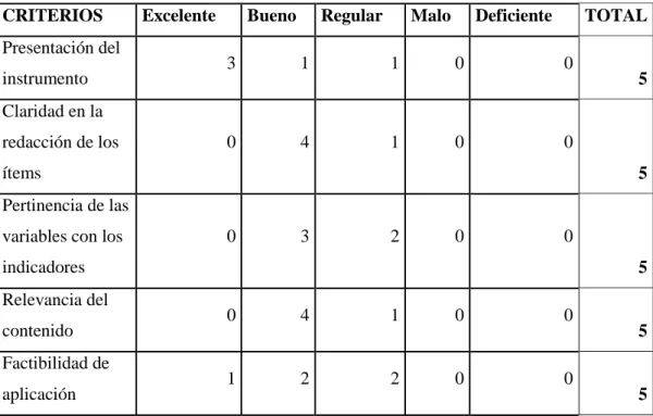 Tabla 10. Criterios de expertos en base a encuestas. 