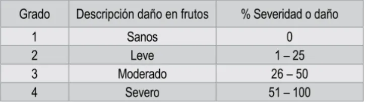 Cuadro 1. Escala para valoración daño en frutos.