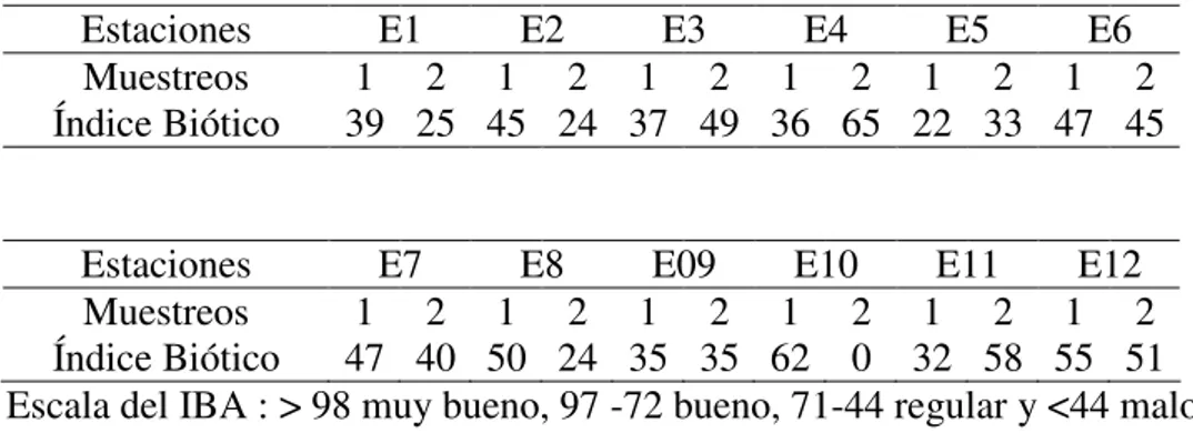 Tabla 7. Valores del  Índice Biótico Andino en los dos muestreos realizados en cada  estación 