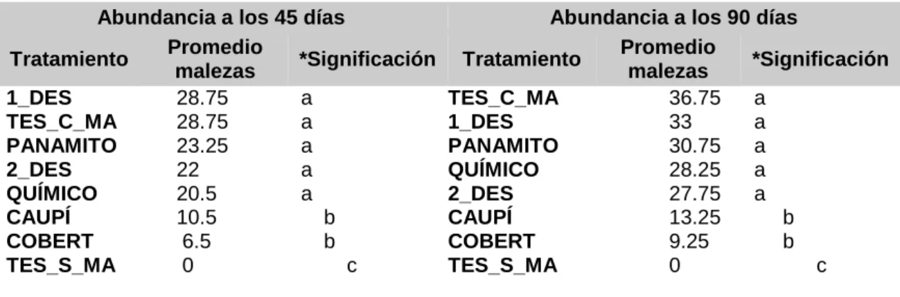 Cuadro 7.-   Abundancia  de  Cynodon  dactylon  a  los  45  y  90  días  de 