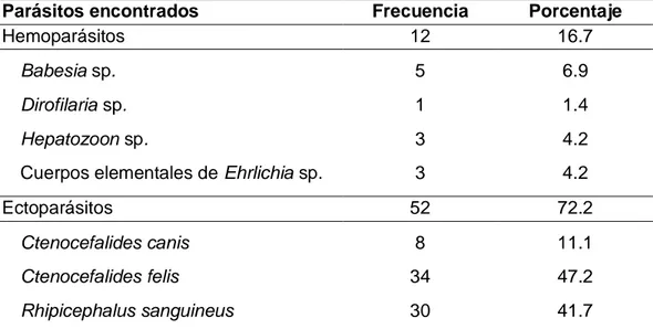 Cuadro 1: Frecuencia y porcentaje de perros con presencia de hemoparásitos  y ectoparásitos en el distrito de Pillcomarca – Huánuco, 2019