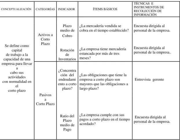 Tabla 3. 3. Variable Independiente: Capital de Trabajo 