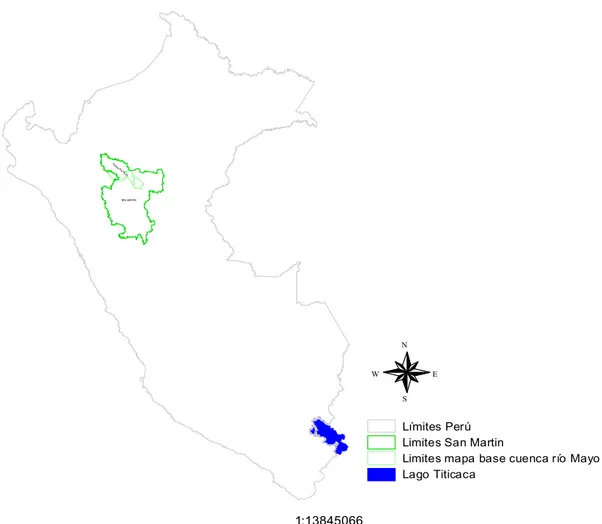 Figura 01. Ubicación de la cuenca del río Mayo respecto a la región San Martín y,  ésta, en relación al país.g 