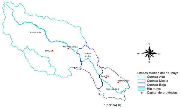 Figura 03. Cuenca del río Mayo y su sub-división en cuenca alta, media y baja. 