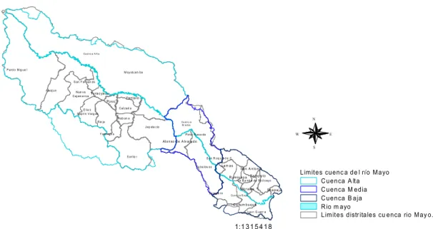 Figura 06. Delimitación distrital de la cuenca del río Mayo. 
