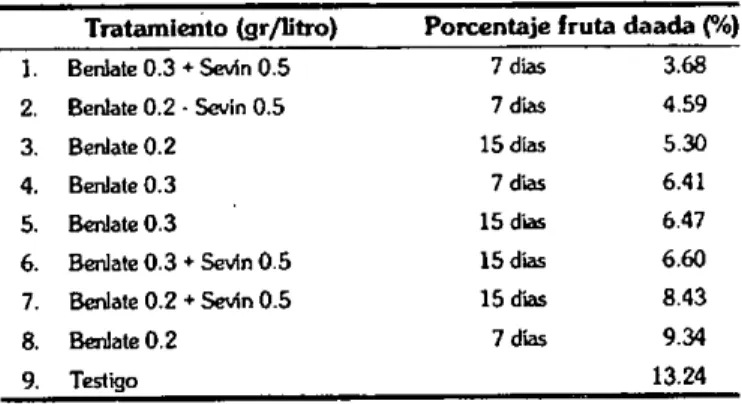TABLA 1.  Manejo y control de la "Peca" de la piña, Lebrija 1988