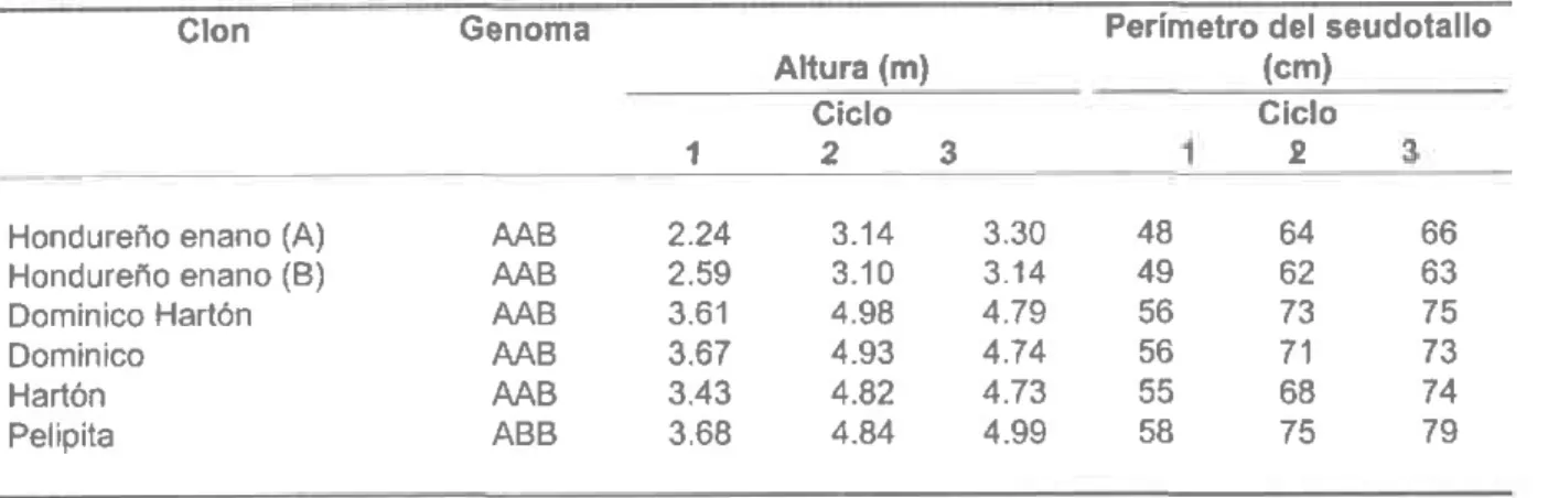 Tabla  L  Componentes  de crecimiento  do algunos  clones  de plátano  (AAB  y ABB)  (Adaptado  de Belalcazar  ef ar.,  1990).