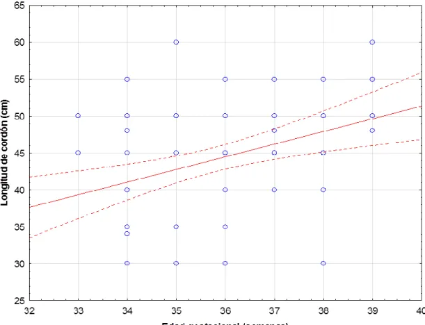 Gráfico  9  la  relación  entre  la  longitud  del  cordón  y  la  edad;  el  cordón  crece  también  pero  a  un  ritmo  más  lento,  con  una  regular  correlación  entre  ambas  variables  (r  =  0.35)  con  una  dependencia  de  solo  12.21%  entre  am