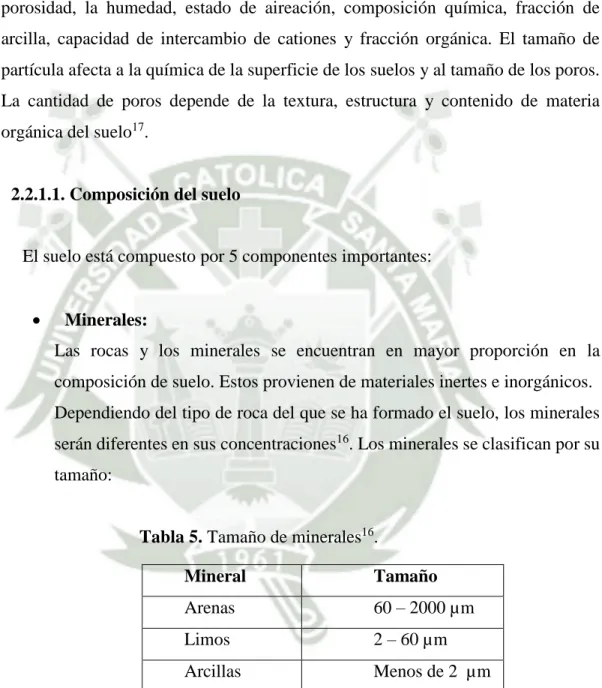 Tabla 5. Tamaño de minerales 16 . 