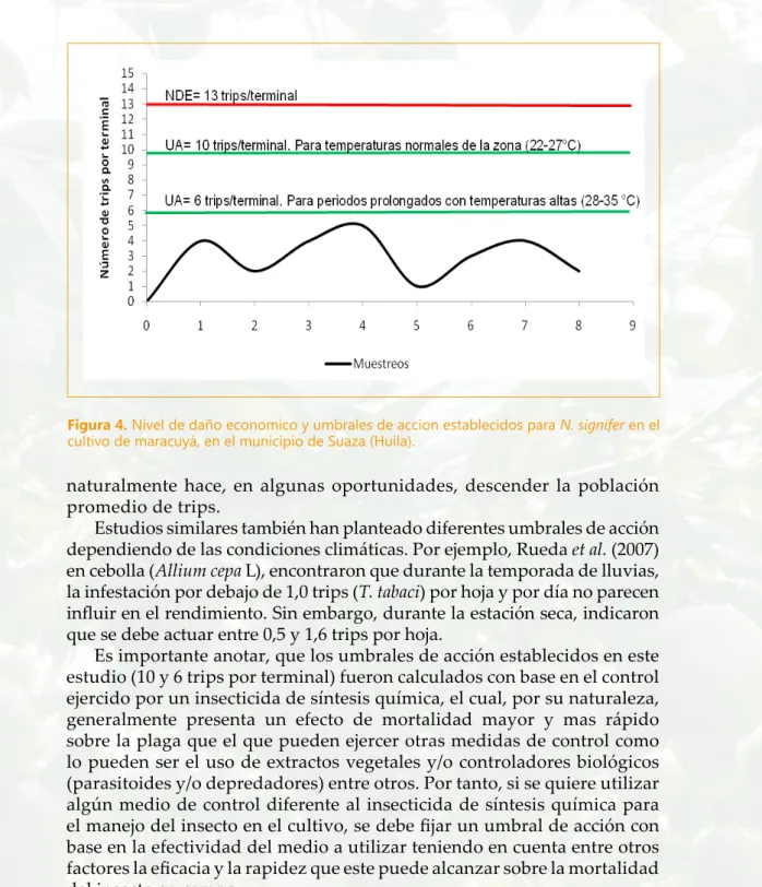 Figura 4. Nivel de daño economico y umbrales de accion establecidos para N. signifer en el  cultivo de maracuyá, en el municipio de Suaza (Huila).