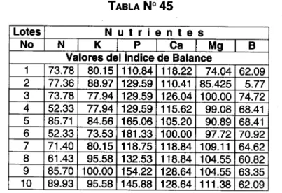 TABLA N°45 Lotes	 N u t r ¡ e n t e s