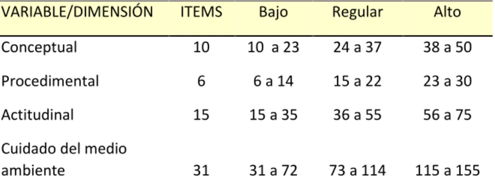TABLA DE VALORACIÓN DEL INSTRUMENTO 