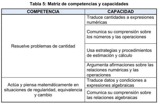 Tabla 5: Matriz de competencias y capacidades 