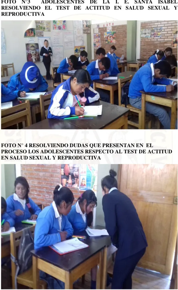 FOTO  N°3    ADOLESCENTES  DE  LA  I.  E.  SANTA  ISABEL  RESOLVIENDO  EL  TEST  DE  ACTITUD  EN  SALUD  SEXUAL  Y  REPRODUCTIVA 