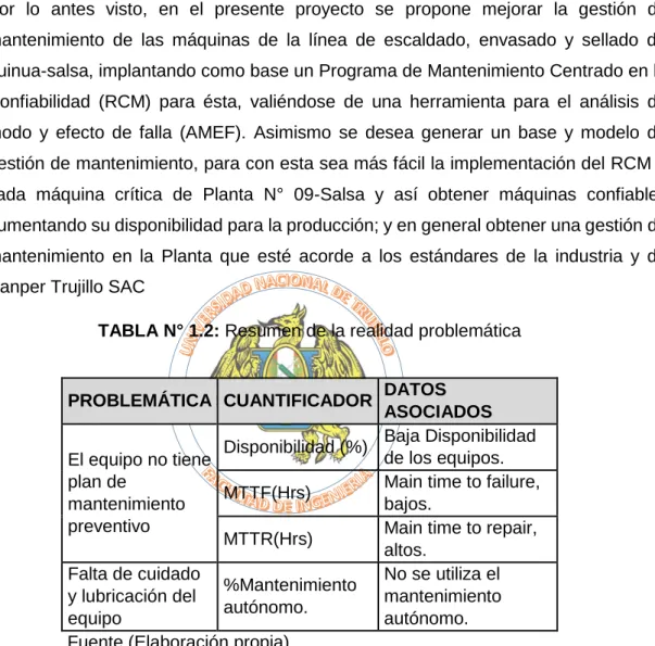 TABLA N° 1.2: Resumen de la realidad problemática 