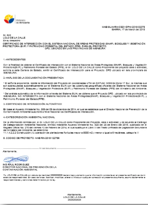 Figura 5: Certificado de Intersección [27]    Plan de Manejo Ambiental: 