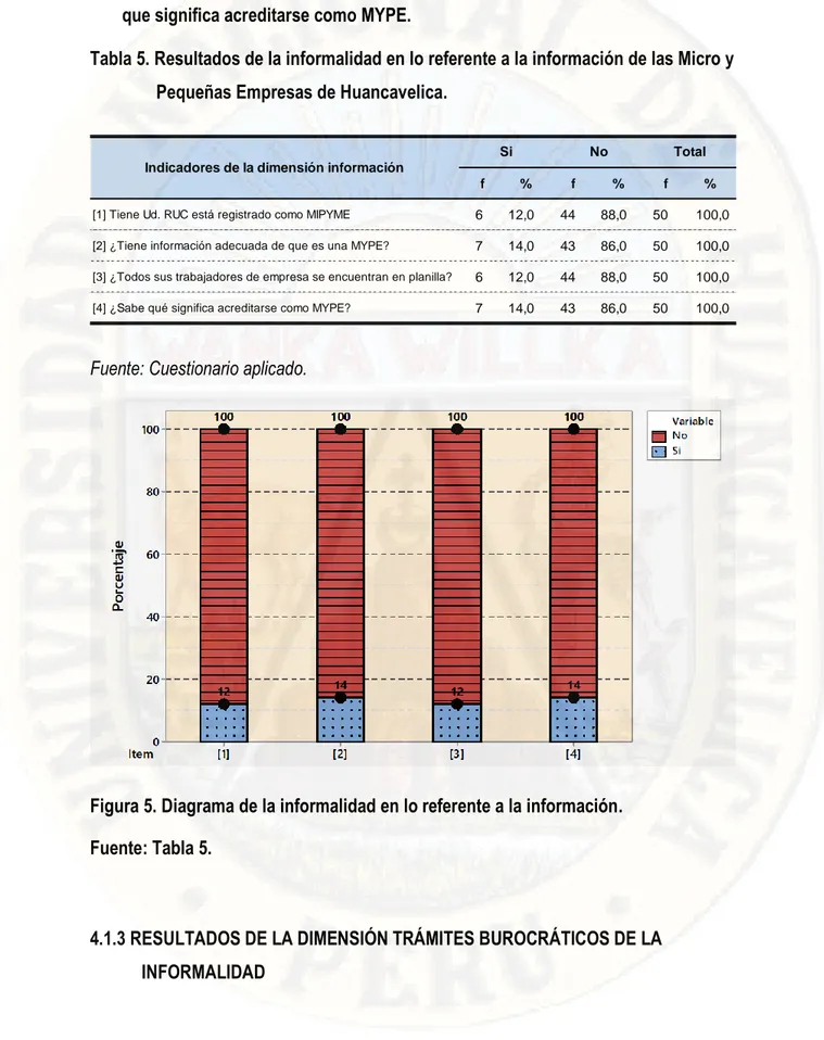 Tabla 5. Resultados de la informalidad en lo referente a la información de las Micro y  Pequeñas Empresas de Huancavelica