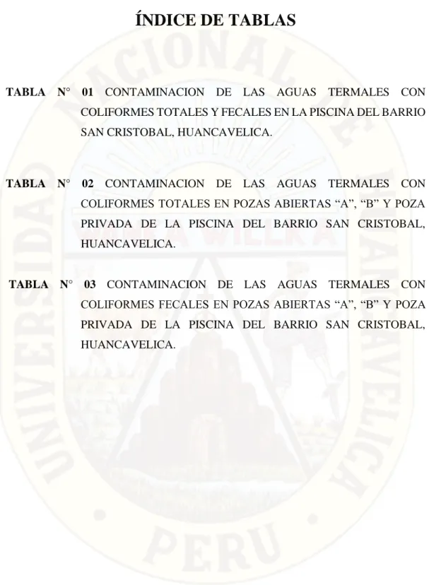 TABLA  N°  01  CONTAMINACION  DE  LAS  AGUAS  TERMALES  CON  COLIFORMES TOTALES Y FECALES EN LA PISCINA DEL BARRIO  SAN CRISTOBAL, HUANCAVELICA.