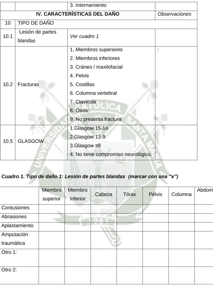 Cuadro 1. Tipo de daño 1: Lesión de partes blandas  (marcar con una “x”)  