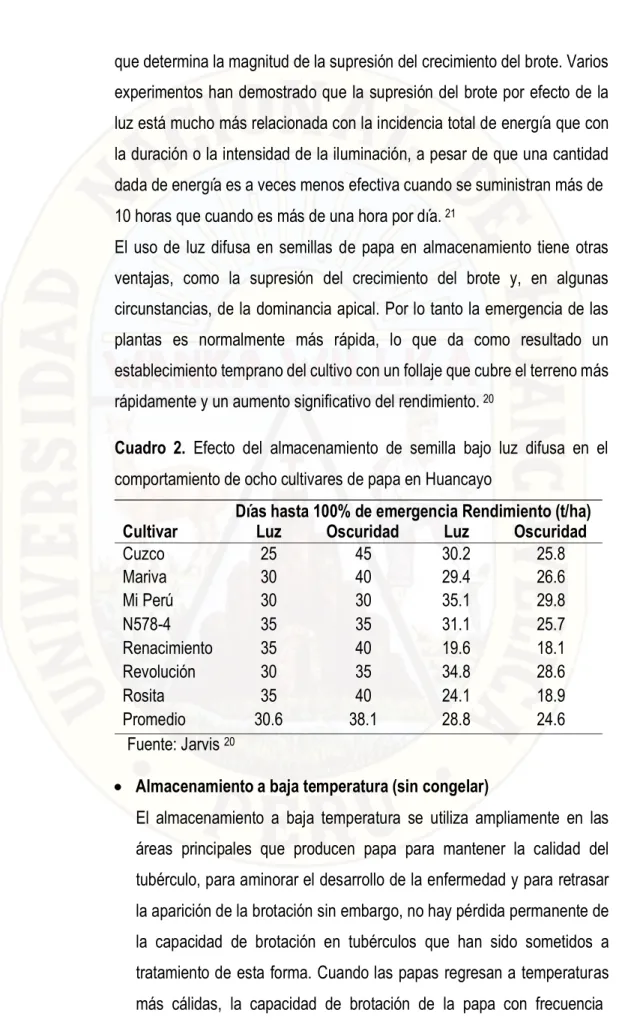 Cuadro  2.  Efecto  del  almacenamiento  de  semilla  bajo  luz  difusa  en  el  comportamiento de ocho cultivares de papa en Huancayo 