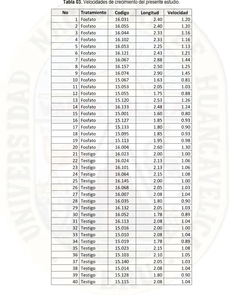 Tabla 03. Velocidades de crecimiento del presente estudio. 