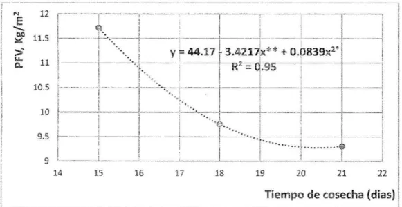 Figura  6.  Curva, ecuación  de  regresión  y  coeficiente  de  determinación  para  la  producción de  forraje verde (Kg/m 2 )  del trigo en función al tiempo de cosecha 