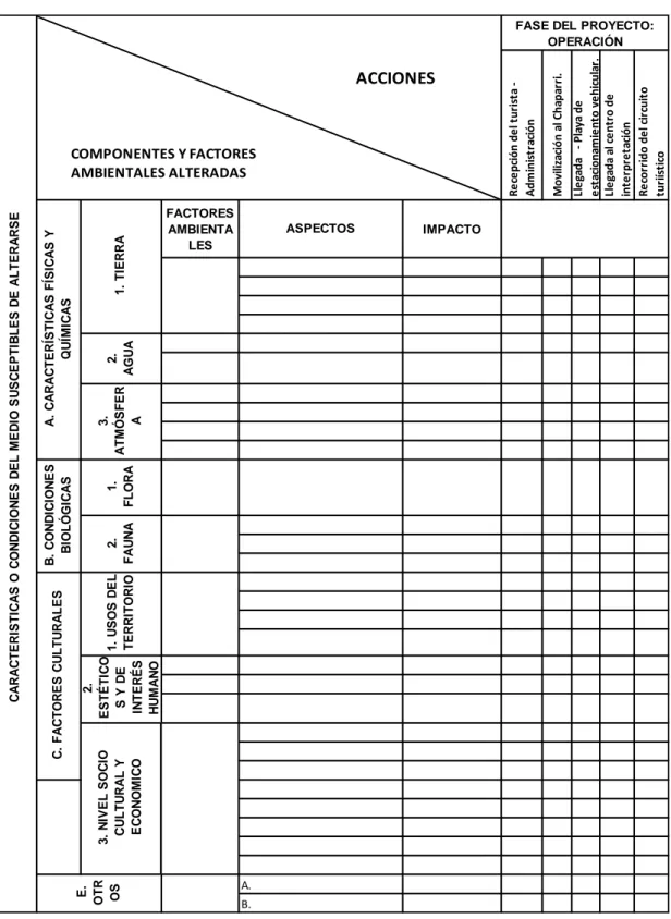 Tabla  n°  04:  MODELO  DE  MATRIZ  DE  IDENTIFICACIÓN  DE  IMPACTOS  AMBIENTALES.  FACTORES  AMBIENTA LES IMPACTO 1