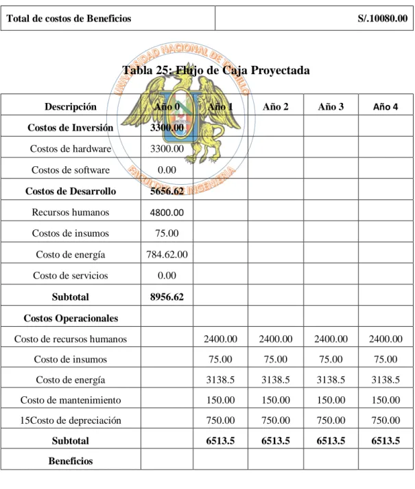 Tabla 25: Flujo de Caja Proyectada 
