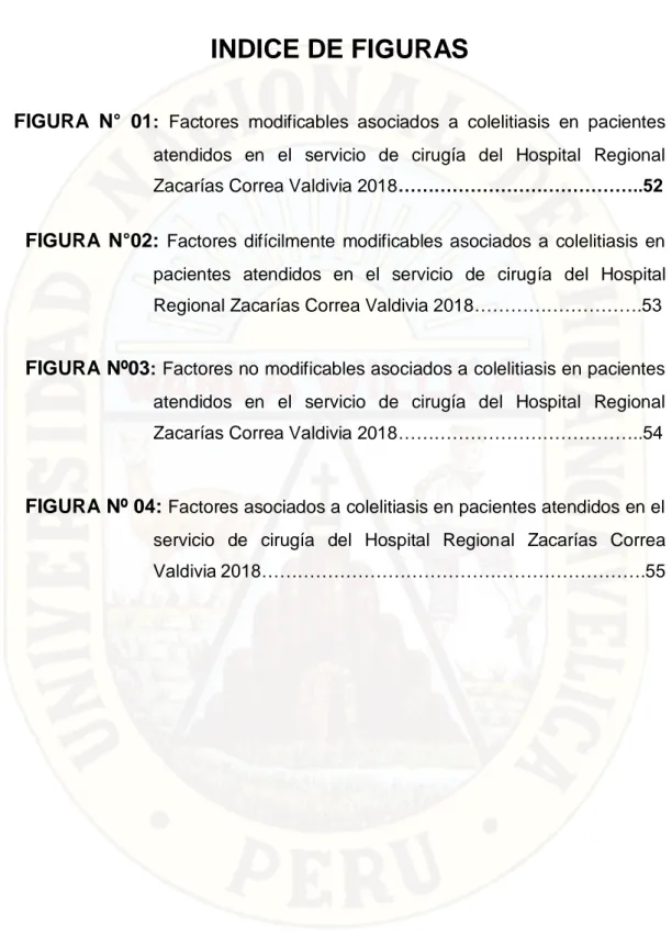 FIGURA  N°  01 :  Factores  modificables  asociados  a  colelitiasis  en  pacientes  atendidos  en  el  servicio  de  cirugía  del  Hospital  Regional  Zacarías Correa Valdivia 2018…………………………………..52 