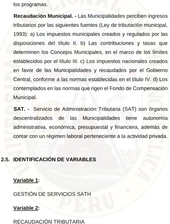 Cuadro N° 01 : Definición operativa de la variable GESTIÖN DE SERVICIOS SATH 