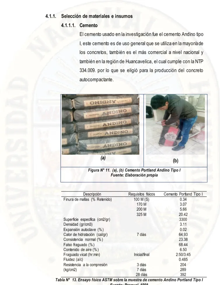 Tabla N°  13. Ensayo físico ASTM sobre la muestra de cemento Andino Portland Tipo I  Fuente: Pasquel, 1998 
