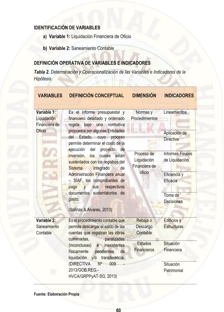 Tabla 2. Determinación y Operacionalización de las Variables e Indicadores de la  Hipótesis
