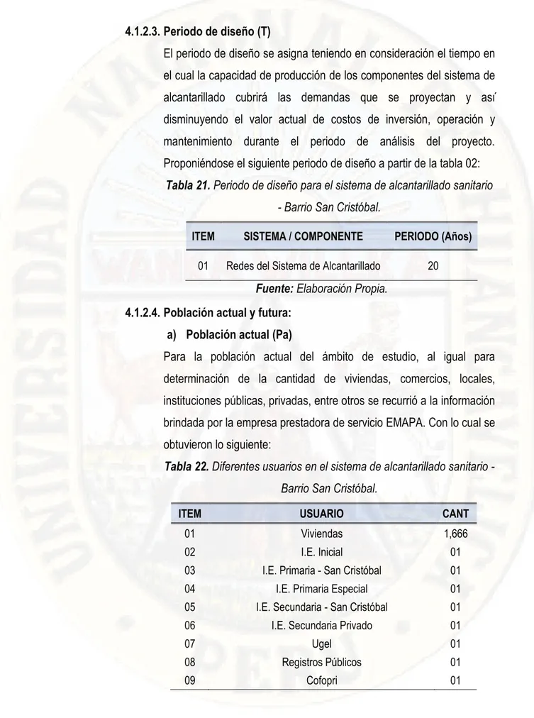 Tabla 21. Periodo de diseño para el sistema de alcantarillado sanitario  - Barrio San Cristóbal