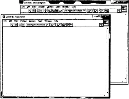 Figura 2.31. Ventanas del panel frontal  y  diagrama de bloques  de un VI en blanco 