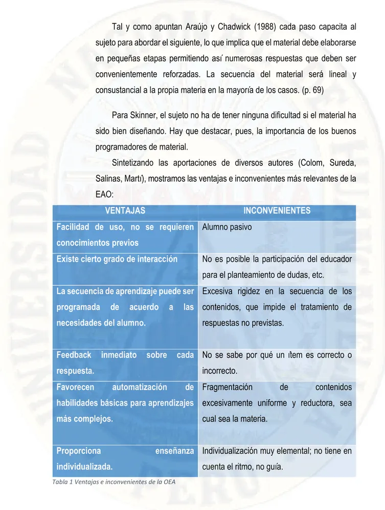 Tabla 1 Ventajas e inconvenientes de la OEA